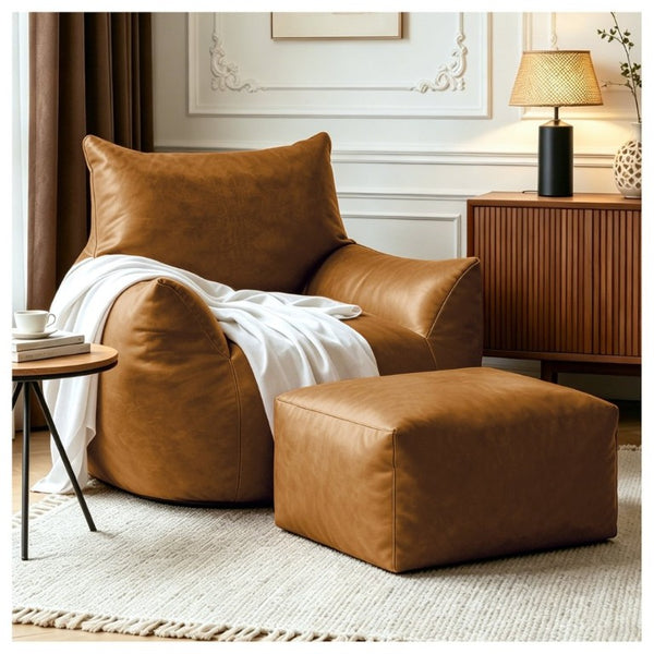 English Elm Pbpmjt-Bean Bag Sofa with Ottoman Faux Leather Tech Fabric Lounge Chair for Adults W3737P531093