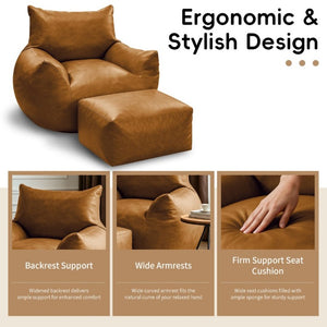English Elm Pbpmjt-Bean Bag Sofa with Ottoman Faux Leather Tech Fabric Lounge Chair for Adults W3737P531093