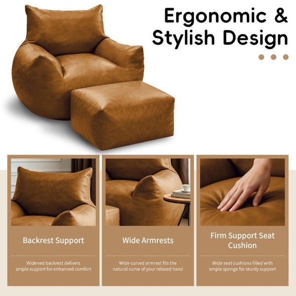 English Elm Pbpmjt-Bean Bag Sofa with Ottoman Faux Leather Tech Fabric Lounge Chair for Adults W3737P531093