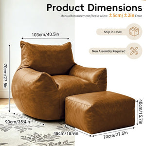 English Elm Pbpmjt-Bean Bag Sofa with Ottoman Faux Leather Tech Fabric Lounge Chair for Adults W3737P531093