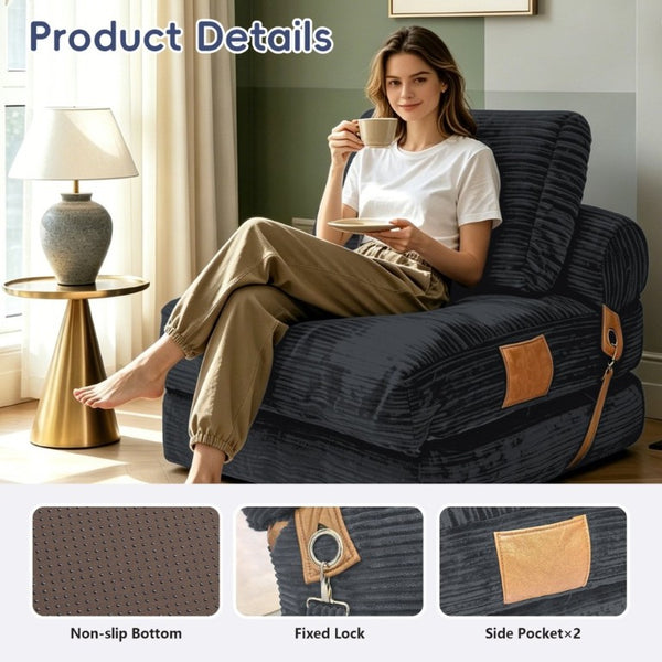 English Elm Lazy Convertible Lounge Chair Fold Out Sofa Bed for Small Spaces and Guest Rooms Dark Grey W3737P531281