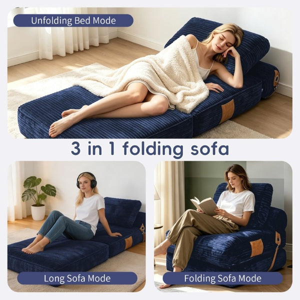 English Elm Lazy Convertible Lounge Chair Fold Out Sofa Bed for Small Spaces and Guest Rooms Blue W3737P531283
