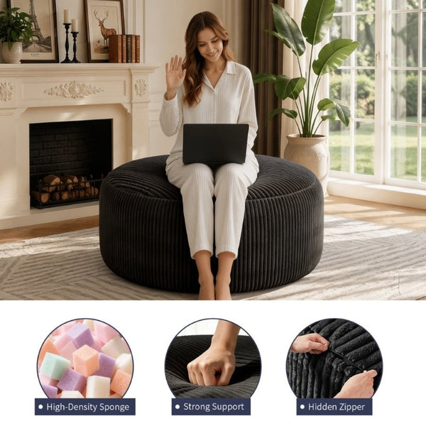 English Elm Oversized Corduroy Bean Bag Chair Memory Foam Round Lounge Seat for Bedroom Dorm Black W3737P531628