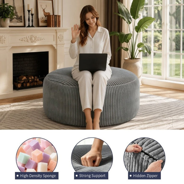 English Elm Oversized Corduroy Bean Bag Chair Memory Foam Round Lounge Seat for Bedroom Dorm Grey W3737P531631