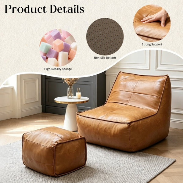 English Elm Zpbmmcjt-Bean Bag Lounge Chair Ottoman Set Faux Leather Ergonomic Gaming Seat W3737P531845