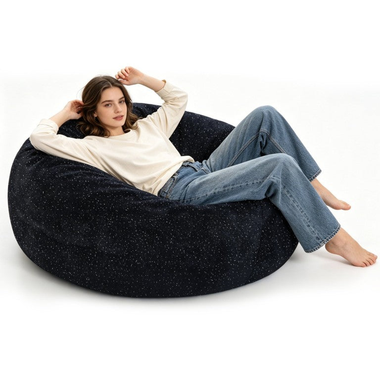 English Elm Starry Sky Round Bean Bag Chair Faux Fur Lurex Memory Foam Living Room Lounge Black W3737P557519