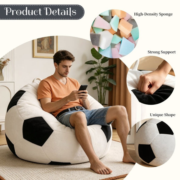 English Elm Small Soccer Ball Bean Bag Flannel Lounge Chair with Memory Foam Fill for Teen Rooms Black+Beige W3737P557641