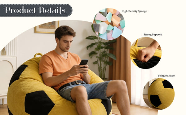 English Elm Small Soccer Ball Bean Bag Flannel Lounge Chair with Memory Foam Fill for Teen Rooms Yellow+Black W3737P557642