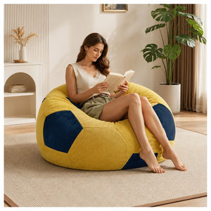 English Elm Small Soccer Ball Bean Bag Flannel Lounge Chair with Memory Foam Fill for Teen Rooms Blue+Yellow W3737P557643