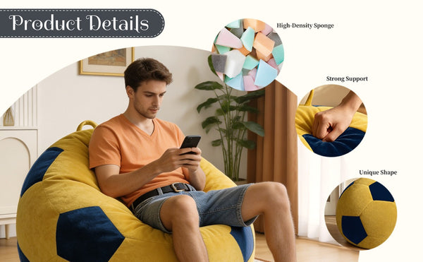 English Elm Small Soccer Ball Bean Bag Flannel Lounge Chair with Memory Foam Fill for Teen Rooms Blue+Yellow W3737P557643