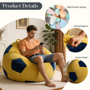 English Elm Small Soccer Ball Bean Bag Flannel Lounge Chair with Memory Foam Fill for Teen Rooms Blue+Yellow W3737P557643