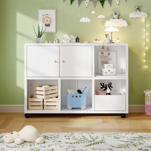 English Elm Rolling Metal Storage Cabinet with Swivel Casters Open Cubbies and Drawer for Playrooms W3752P459099