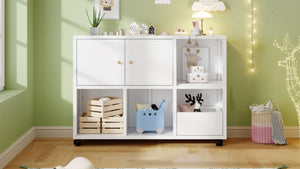 English Elm Rolling Metal Storage Cabinet with Swivel Casters Open Cubbies and Drawer for Playrooms W3752P459099