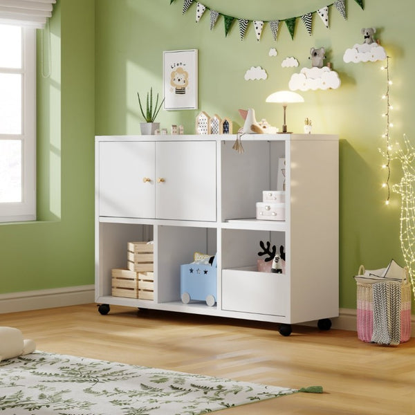 English Elm Rolling Metal Storage Cabinet with Swivel Casters Open Cubbies and Drawer for Playrooms W3752P459099