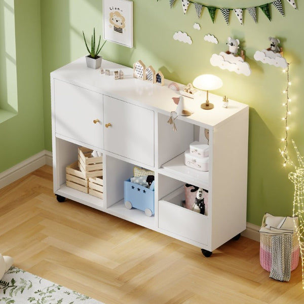 English Elm Rolling Metal Storage Cabinet with Swivel Casters Open Cubbies and Drawer for Playrooms W3752P459099