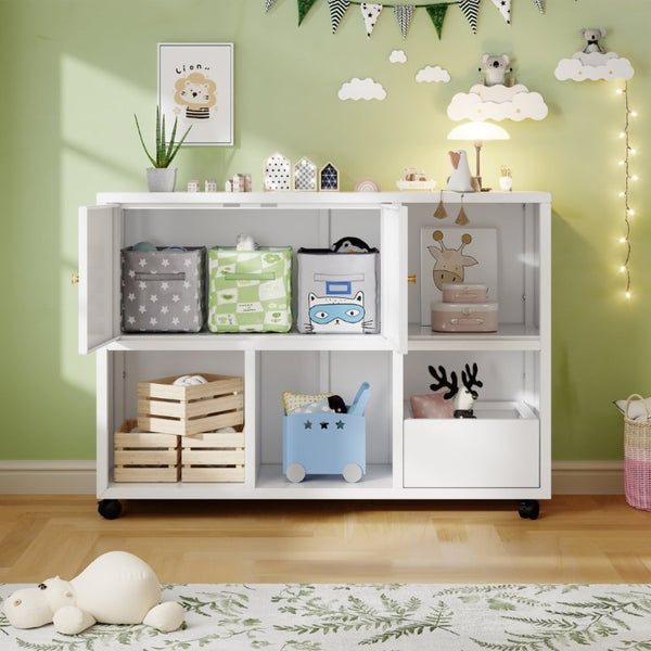 English Elm Rolling Metal Storage Cabinet with Swivel Casters Open Cubbies and Drawer for Playrooms W3752P459099