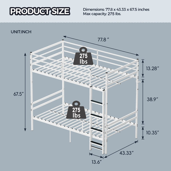 English Elm Metal Twin Over Bunk Bed Sturdy Steel Frame for Kids Dorms and Guest Rooms W3752P464164