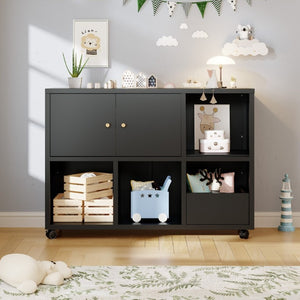 English Elm Rolling Iron Storage Cabinet with Swivel Casters Open Cubbies and Drawer for Playroom W3752P464717