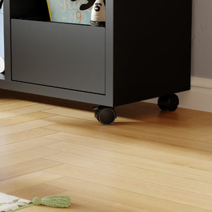 English Elm Rolling Iron Storage Cabinet with Swivel Casters Open Cubbies and Drawer for Playroom W3752P464717