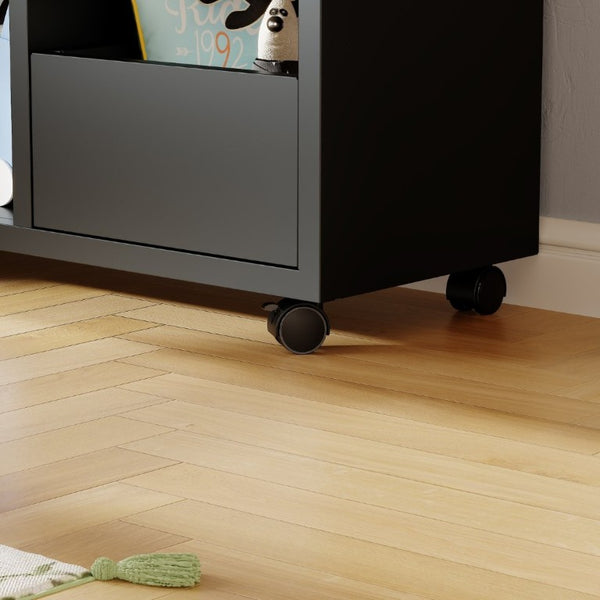 English Elm Rolling Iron Storage Cabinet with Swivel Casters Open Cubbies and Drawer for Playroom W3752P464717