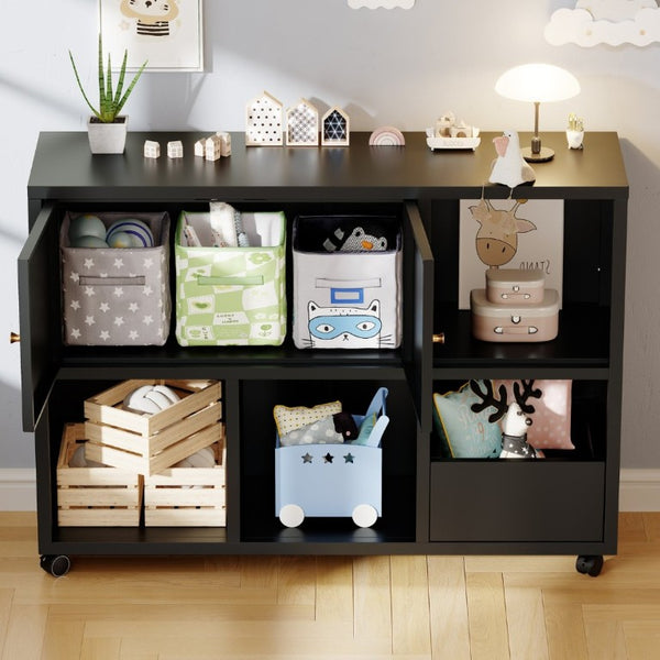 English Elm Rolling Iron Storage Cabinet with Swivel Casters Open Cubbies and Drawer for Playroom W3752P464717