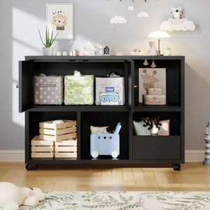 English Elm Rolling Iron Storage Cabinet with Swivel Casters Open Cubbies and Drawer for Playroom W3752P464717