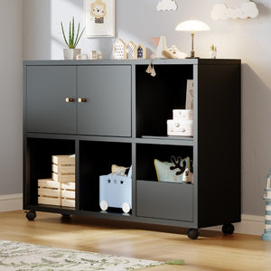 English Elm Rolling Iron Storage Cabinet with Swivel Casters Open Cubbies and Drawer for Playroom W3752P464717