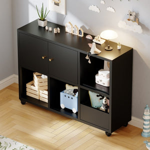 English Elm Rolling Iron Storage Cabinet with Swivel Casters Open Cubbies and Drawer for Playroom W3752P464717