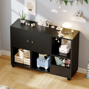 English Elm Rolling Iron Storage Cabinet with Swivel Casters Open Cubbies and Drawer for Playroom W3752P464717
