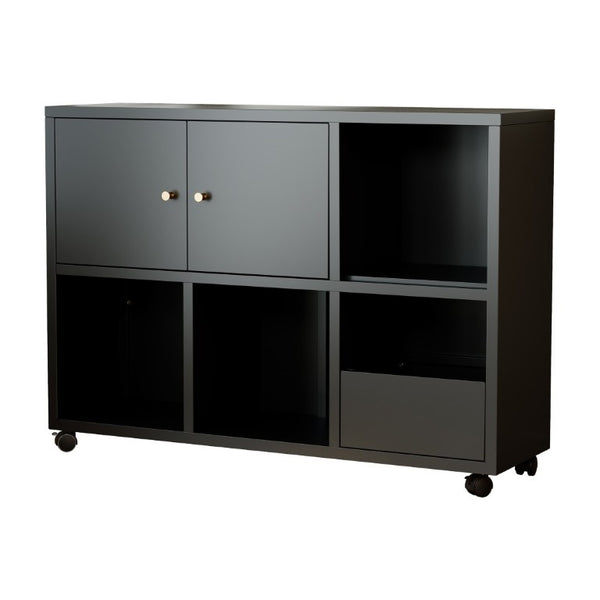 English Elm Rolling Iron Storage Cabinet with Swivel Casters Open Cubbies and Drawer for Playroom W3752P464717
