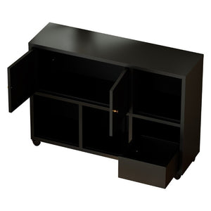 English Elm Rolling Iron Storage Cabinet with Swivel Casters Open Cubbies and Drawer for Playroom W3752P464717