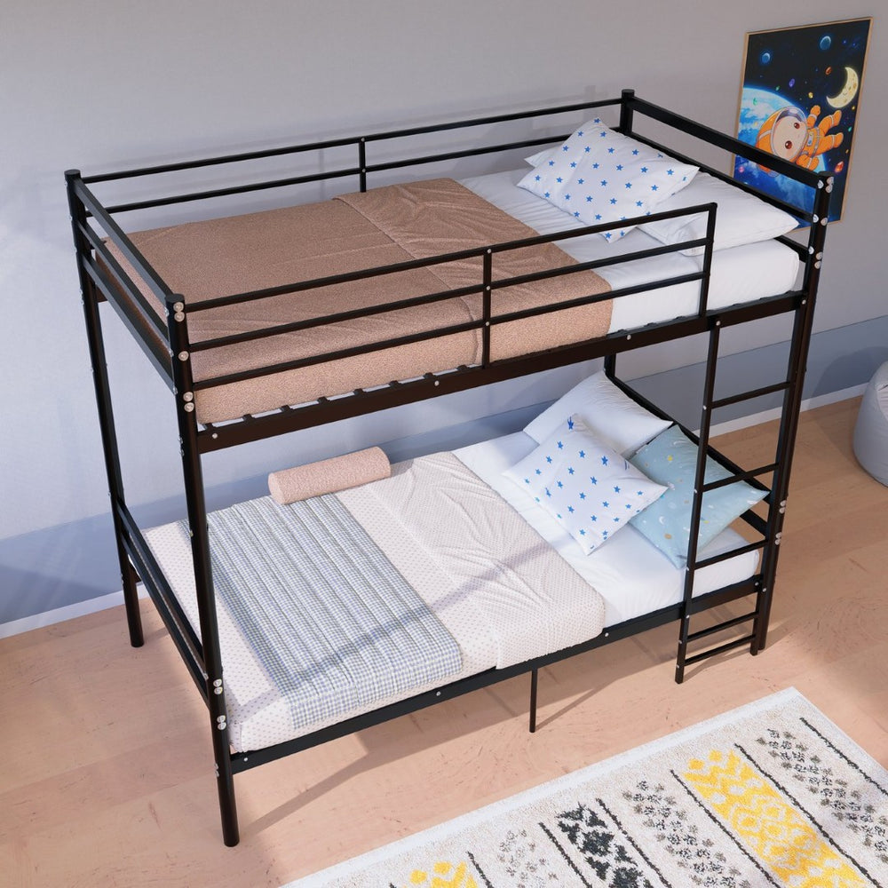 English Elm Bunk Beds Twin Over Iron Frame with Guardrail Ladder Matte Black Teen Guest Room W3752P499391