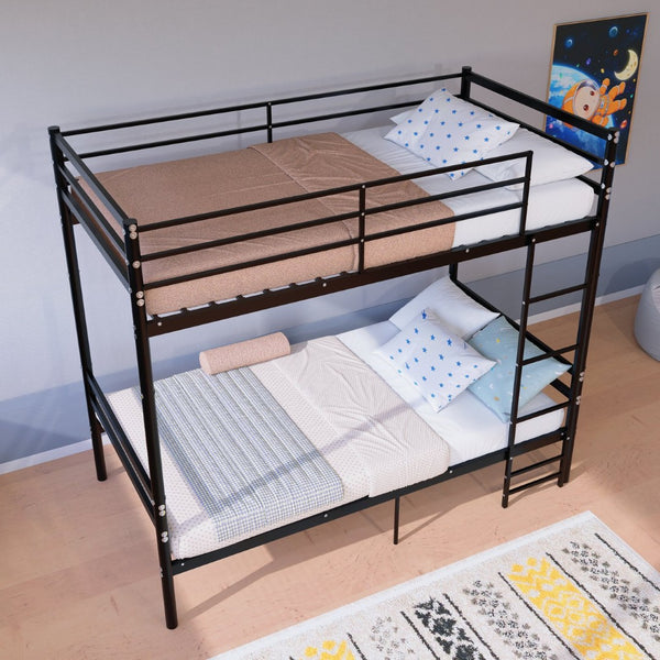 English Elm Bunk Beds Twin Over Iron Frame with Guardrail Ladder Matte Black Teen Guest Room W3752P499391