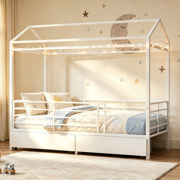 English Elm Twin House Frame Steel Bed for Kids with Storage Drawers Play Tent Guardrails W3752S00021