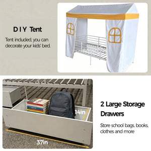 English Elm Twin House Frame Steel Bed for Kids with Storage Drawers Play Tent Guardrails W3752S00021