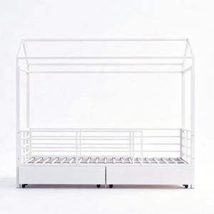 English Elm Twin House Frame Steel Bed for Kids with Storage Drawers Play Tent Guardrails W3752S00021