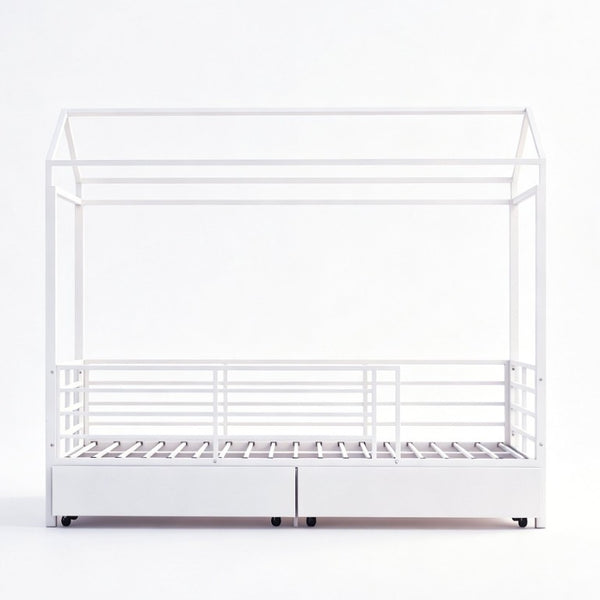 English Elm Twin House Frame Steel Bed for Kids with Storage Drawers Play Tent Guardrails W3752S00021