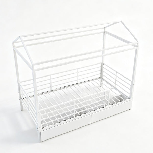 English Elm Twin House Frame Steel Bed for Kids with Storage Drawers Play Tent Guardrails W3752S00021