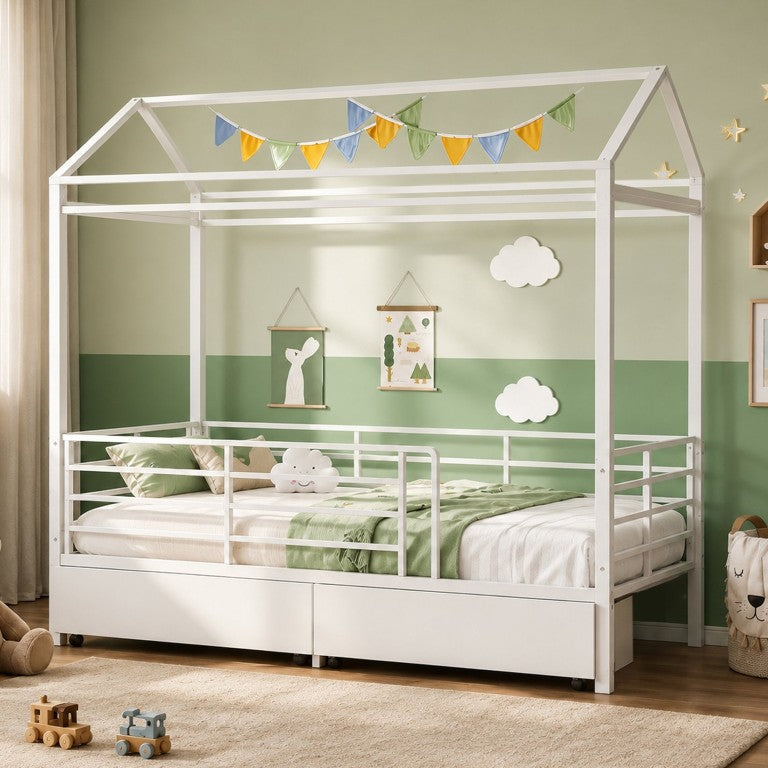 English Elm Twin House Frame Steel Bed for Kids with Storage Drawers Play Tent Guardrails W3752S00021