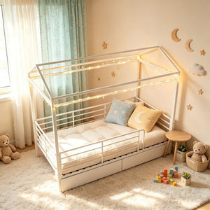 English Elm Twin House Frame Steel Bed for Kids with Storage Drawers Play Tent Guardrails W3752S00021