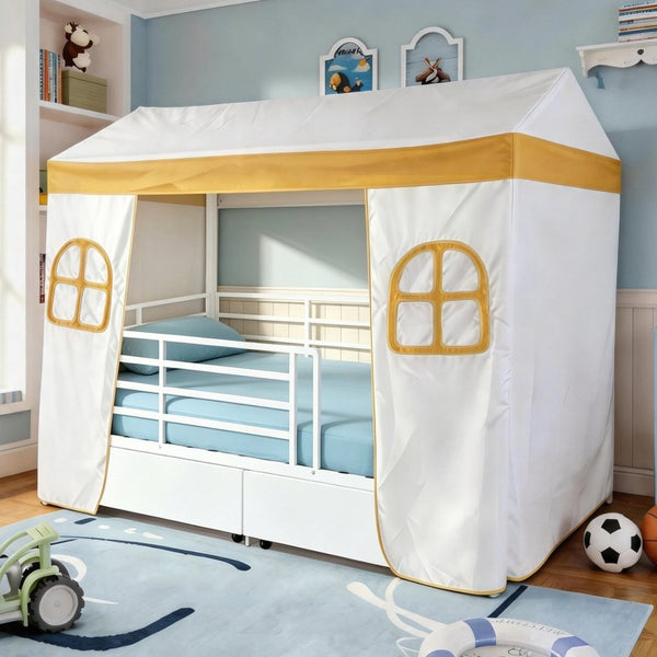English Elm Twin House Frame Steel Bed for Kids with Storage Drawers Play Tent Guardrails W3752S00021