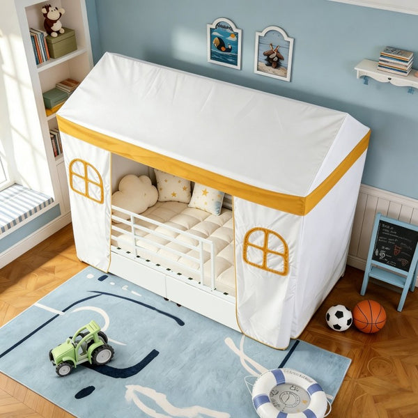 English Elm Twin House Frame Steel Bed for Kids with Storage Drawers Play Tent Guardrails W3752S00021