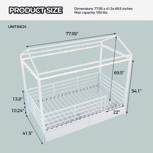 English Elm Twin House Frame Steel Bed for Kids with Storage Drawers Play Tent Guardrails W3752S00021