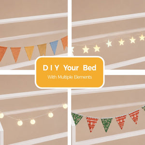 English Elm Twin House Frame Steel Bed for Kids with Storage Drawers Play Tent Guardrails W3752S00021