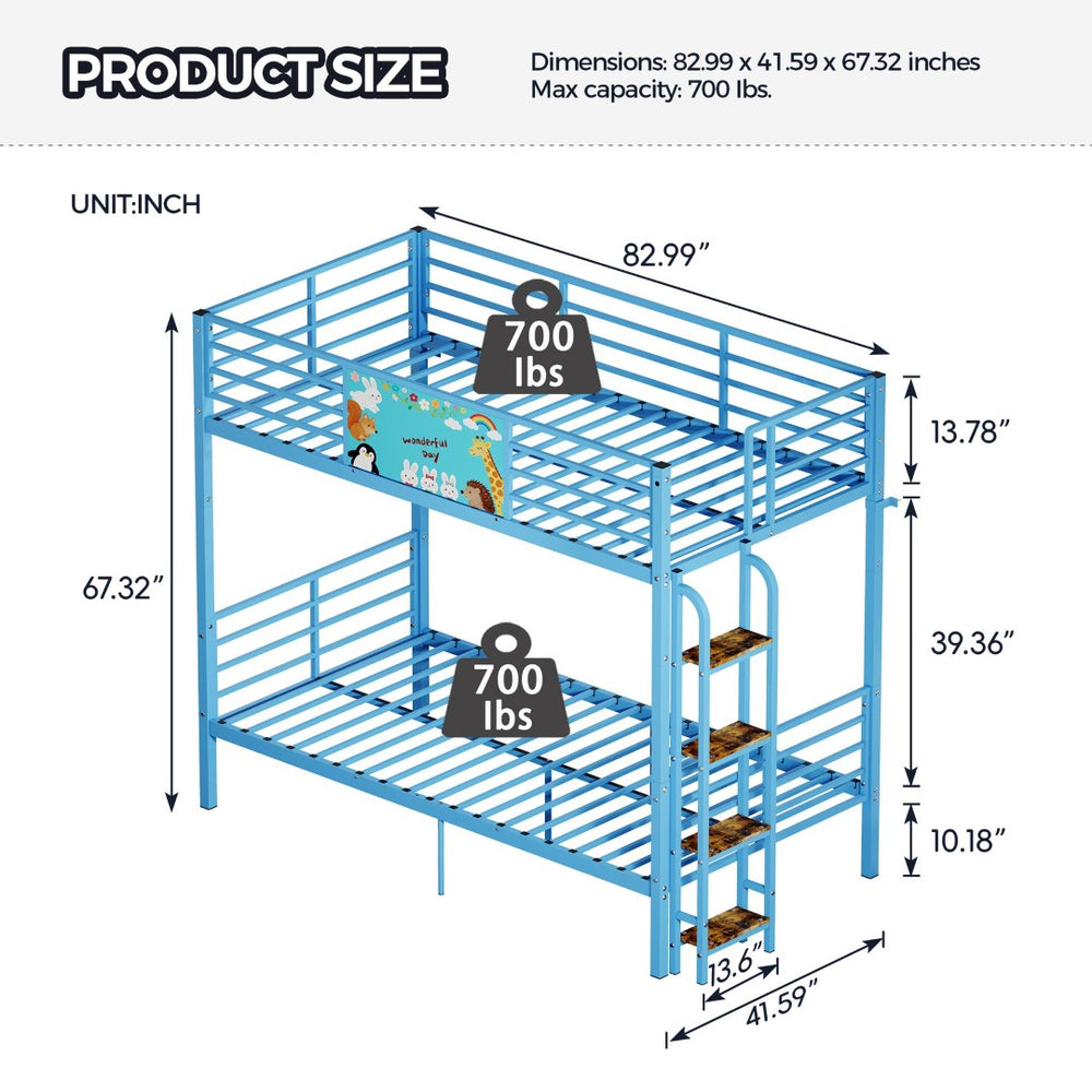 English Elm Twin Over Metal Bunk Bed with Safety Rails Ladder and Slats for Kids Shared Rooms W3752S00024
