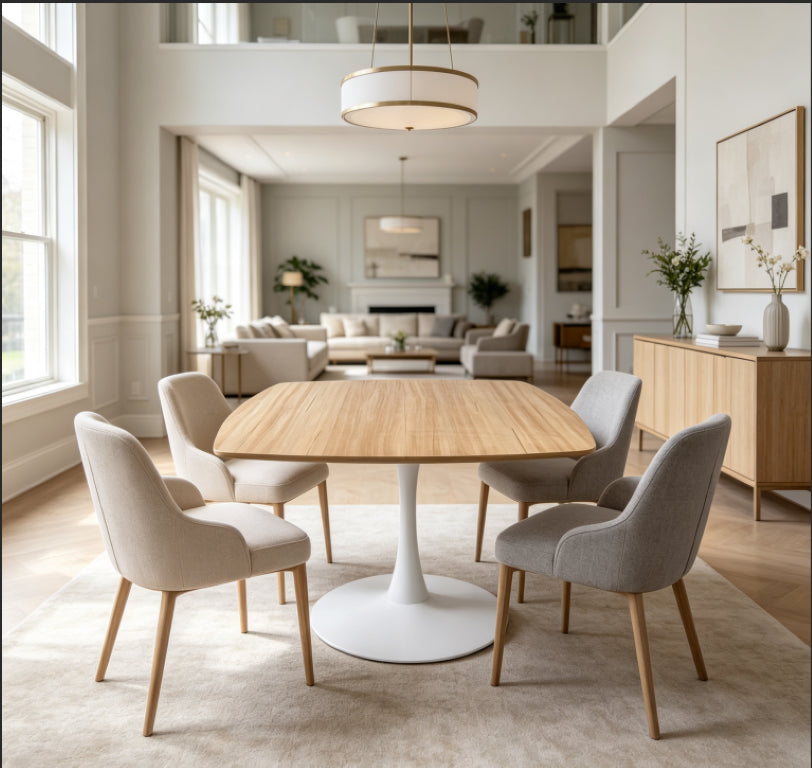 English Elm Oak Tone Square Pedestal Dining Table Tulip Metal Base Seats Three Compact Spaces W3766P540537