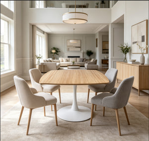 English Elm Oak Tone Square Pedestal Dining Table Tulip Metal Base Seats Three Compact Spaces W3766P540537