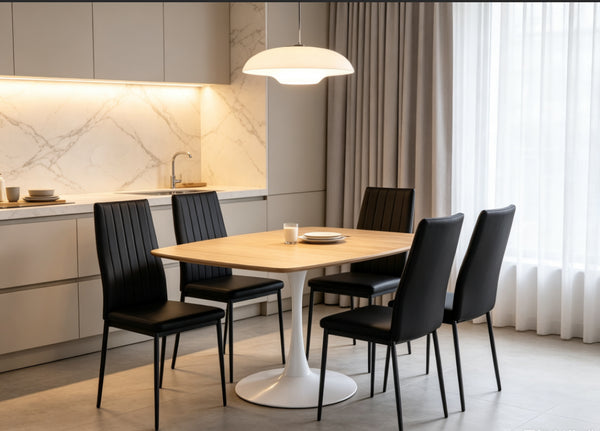 English Elm Oak Tone Square Pedestal Dining Table Tulip Metal Base Seats Three Compact Spaces W3766P540537