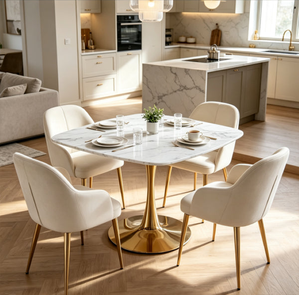 English Elm Square Pedestal Dining Table Marble Look MDF Top Metal Base Bistro Style Compact Kitchen W3766P540542