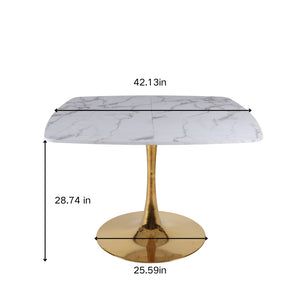 English Elm Square Pedestal Dining Table Marble Look MDF Top Metal Base Bistro Style Compact Kitchen W3766P540542